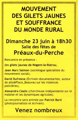 Gilets Jaunes et souffrance du monde rural / Salle des Fêtes / Préaux-du-Perche / 23 juin / 18 h. 30 @ PRÉAUX-DU-PERCHE - Salle des Fêtes