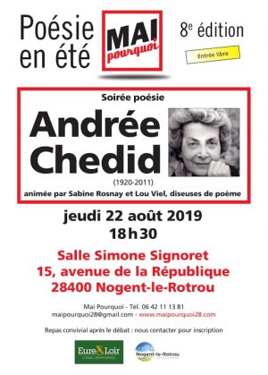 Soirée poésie Andrée Chedid / Salle Simone-Signoret / Nogent-le-Rotrou / 22 août / 18 h. 30 @ NOGENT-LE-ROTROU - Salle Simone-Signoret
