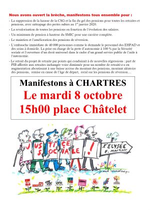 Manifestation Retraités : augmentez les pensions ! / place Châtelet / Chartres / 8 octobre / 15 h. @ CHARTRES - place Châtelet