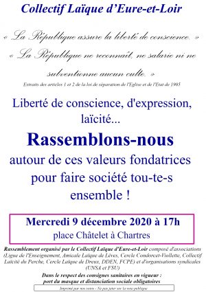 Rassemblement Laïcité / Chartres / place Châtelet / 9 décembre / 17 h. @ CHARTRES - Place Châtelet