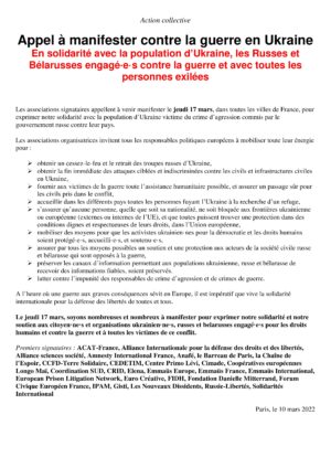 Ukraine : Appel d'associations à manifester le 17 mars @ Dans toute la France