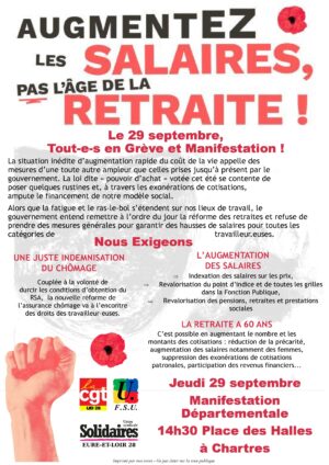 Manifestation Salaires-Retraites-Chômage / place des Halles / 29 septembre / 14 h. 30 @ CHARTRES