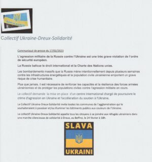Marche silencieuse "Solidarité avec l'Ukraine" /  au Beffroi / Dreux / 24 février / 18 h. @ DREUX - au pied du Beffroi