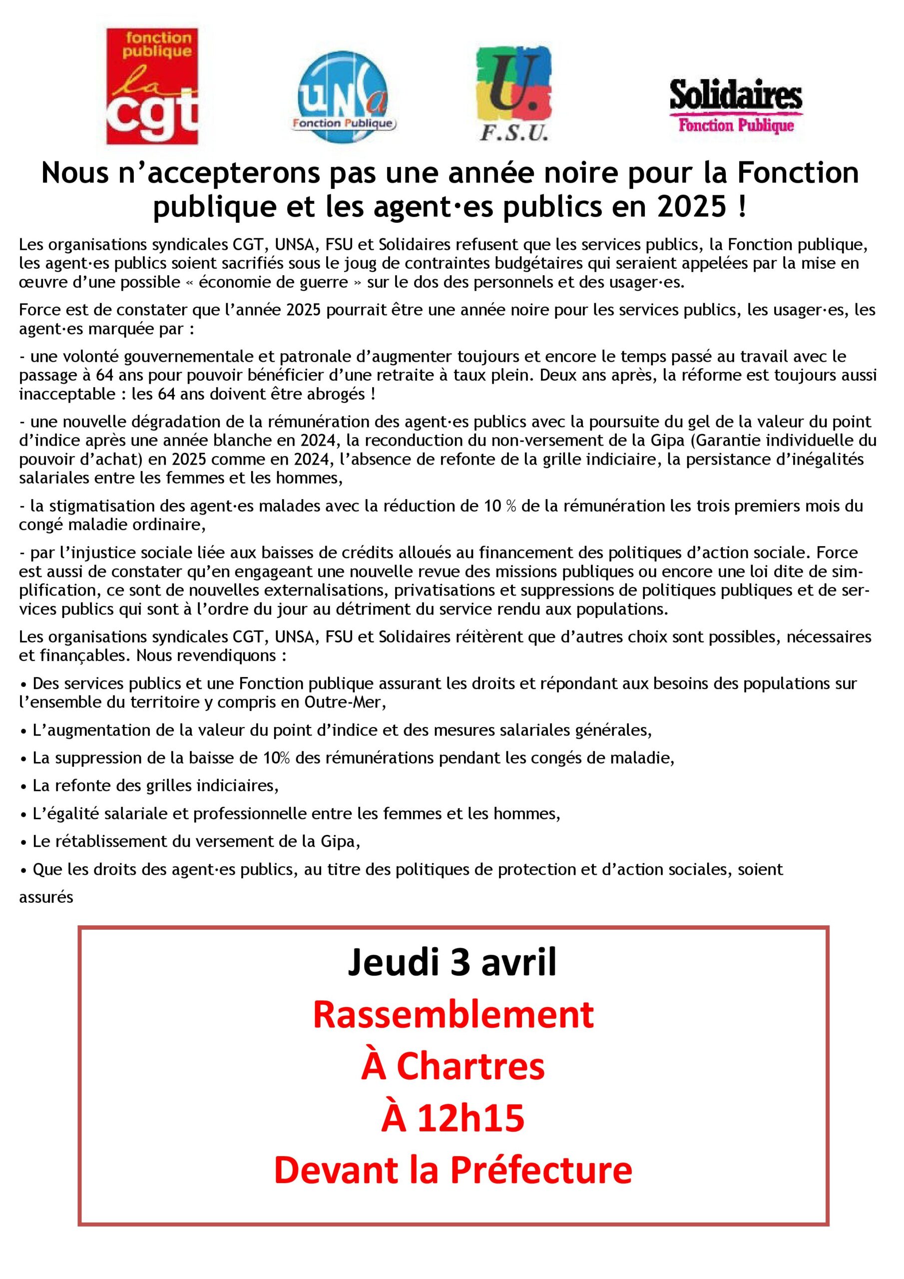 Chartres 2025-04-03 Rassemblement Fonction-publique Salaires [Appel]