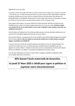 Rassemblement contre la fermeture d'une classe / Devant l'école maternelle / Senonches / 27 mars / 16 h. 20 @ SENONCHES - École Maternelle