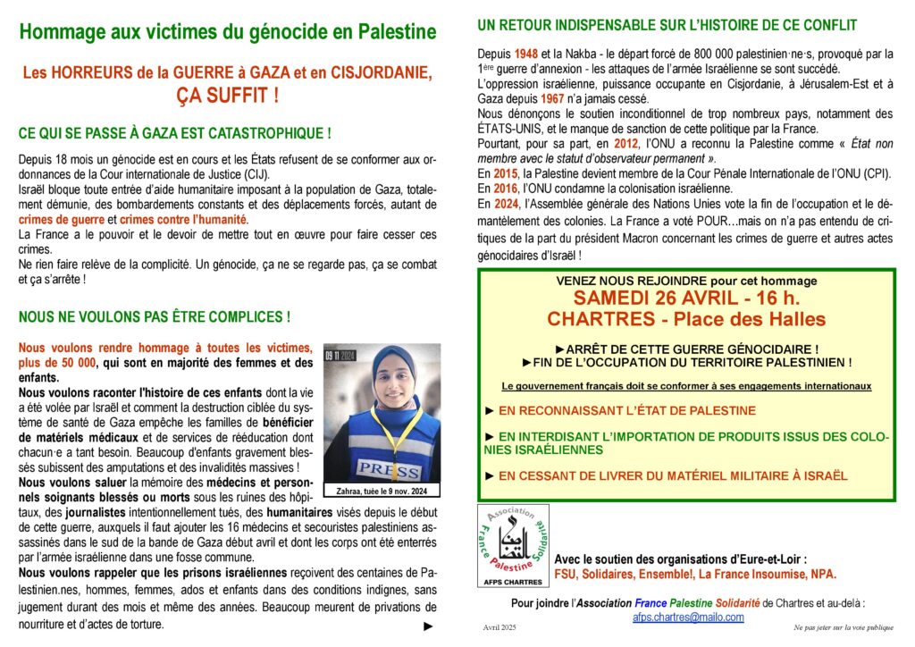 Tract 26 avril 2025 Manifestation AFPS Chartres Hommage aux victimes palestiniennes