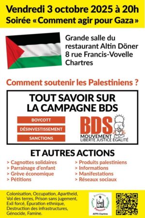 Comment agir pour Gaza ? BDS / Salle Altin Döner / Chartres / 3 octobre / 20 h. @ CHARTRES - Grande salle du restaurant Altin Döner