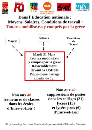 Rassemblement-Pique-nique Éducation / devant la DSDEN / Chartres / 31 mars / à partir de Midi @ CHARTRES - DSDEN